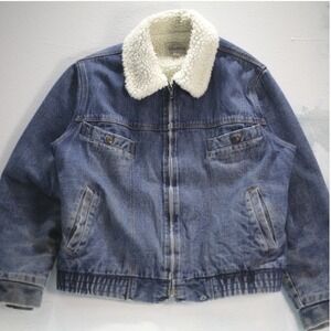 VTG Saugatuck Denim Sherpa Jacket Men XL Dry Goods Trucker 42 Zip Up Bomber Coat
